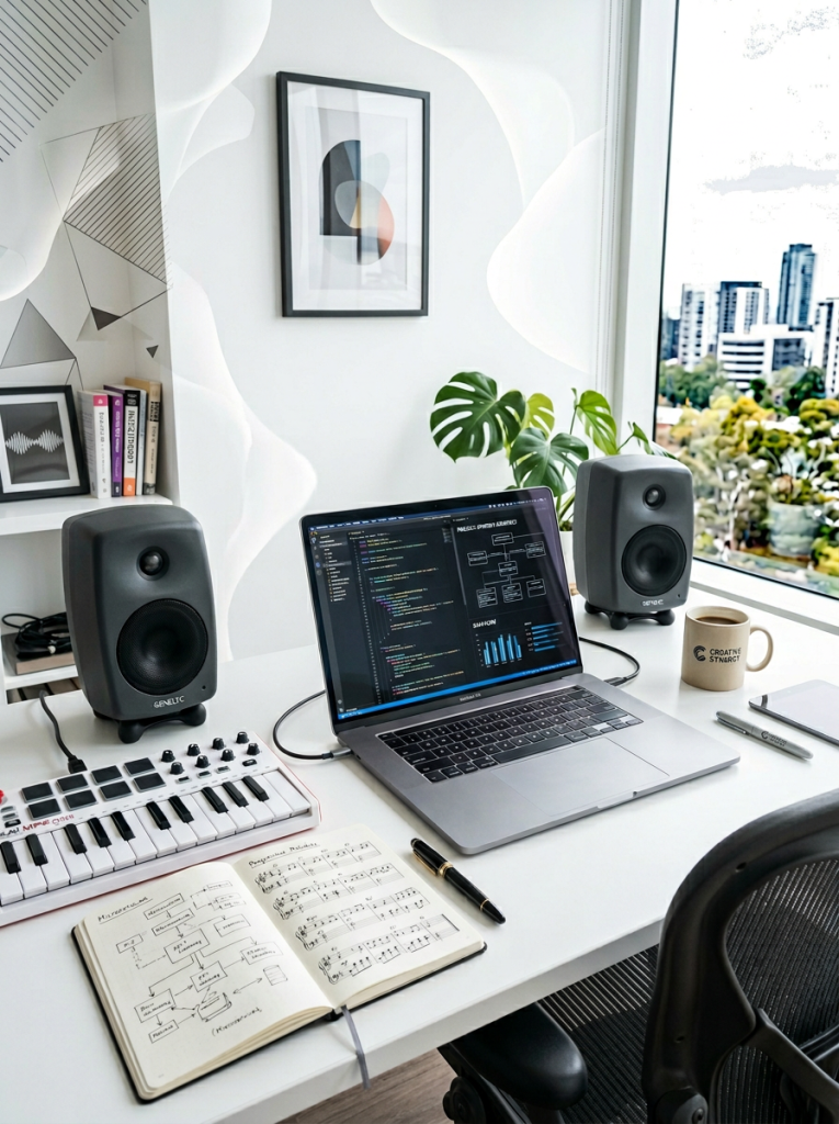 "Araton Dijital Çözümler için modern çalışma alanı: Yazılım mimarisi kodları ve veri analitiği gösteren dizüstü bilgisayar, profesyonel stüdyo monitörleri, MIDI klavye ve mimari çizimler içeren not defteri bir arada. Beyaz temalı, aydınlık ofis."